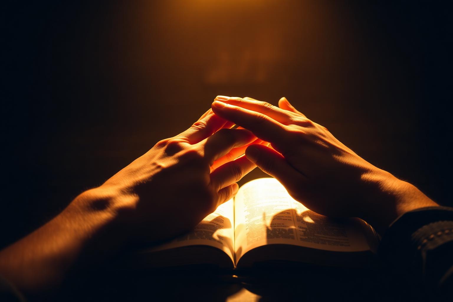 Mãos em oração sobre a Bíblia iluminadas por luz divina dourada